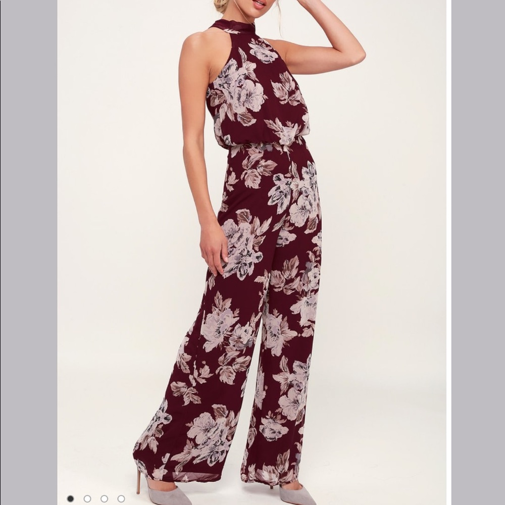 Burgundy Floral Print Halter Wide-Leg Jumpsuit